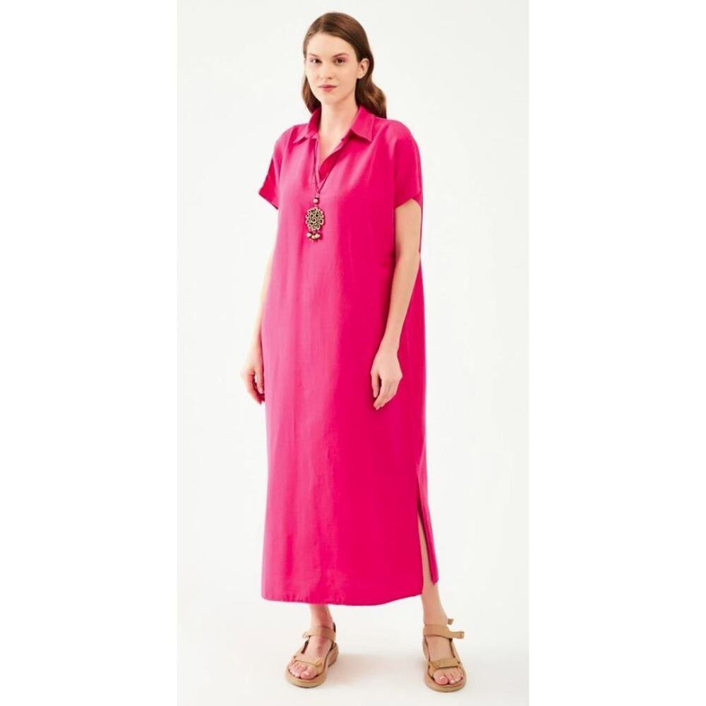 Tahari Linen Blend Collared V-Neck Short Sleeve Midi Dress‎ in Magenta XL $168